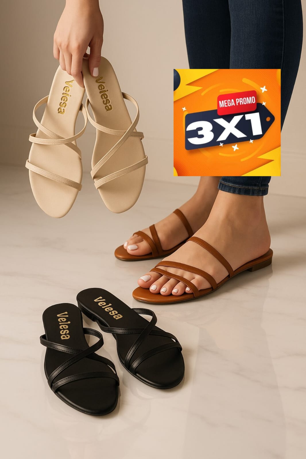 TRÍO SANDALIA PLANA HEIST 3X1 + CAJA